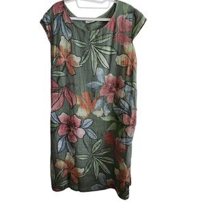 Colette Linen Shift Dress Large Floral Midi Pockets Stretch